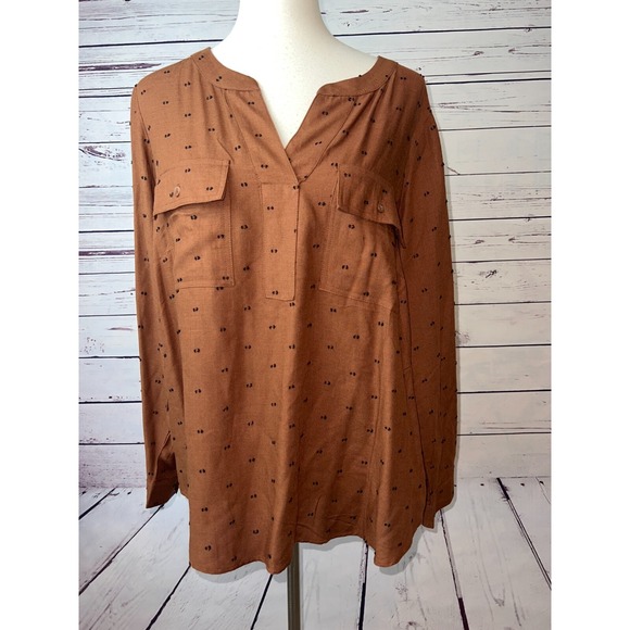 CJ Banks Plus size 1X Blouse Brown 000145 Rayon Pockets Tunic‎ Top Shirt X - Picture 1 of 8